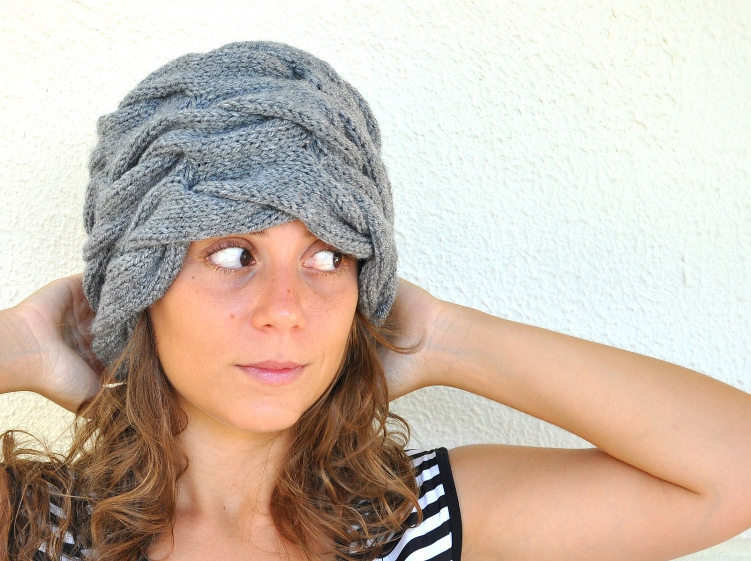 Hat Beanie Hat Adult Hat Braided Gray Grey Hand Knit Cozy Warm Women Accessories Winter Fashion