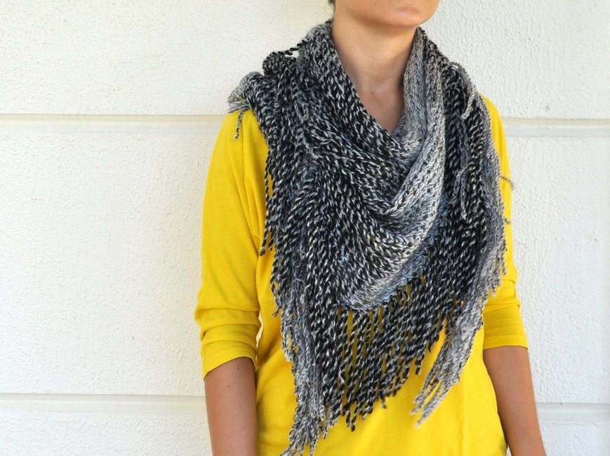 Scarf Cowl Fringe Scarf Triangle Mini Shawl Shawlette White Black Grey Gray Soft Cozy Warm Winter Fashion Winter Accessories