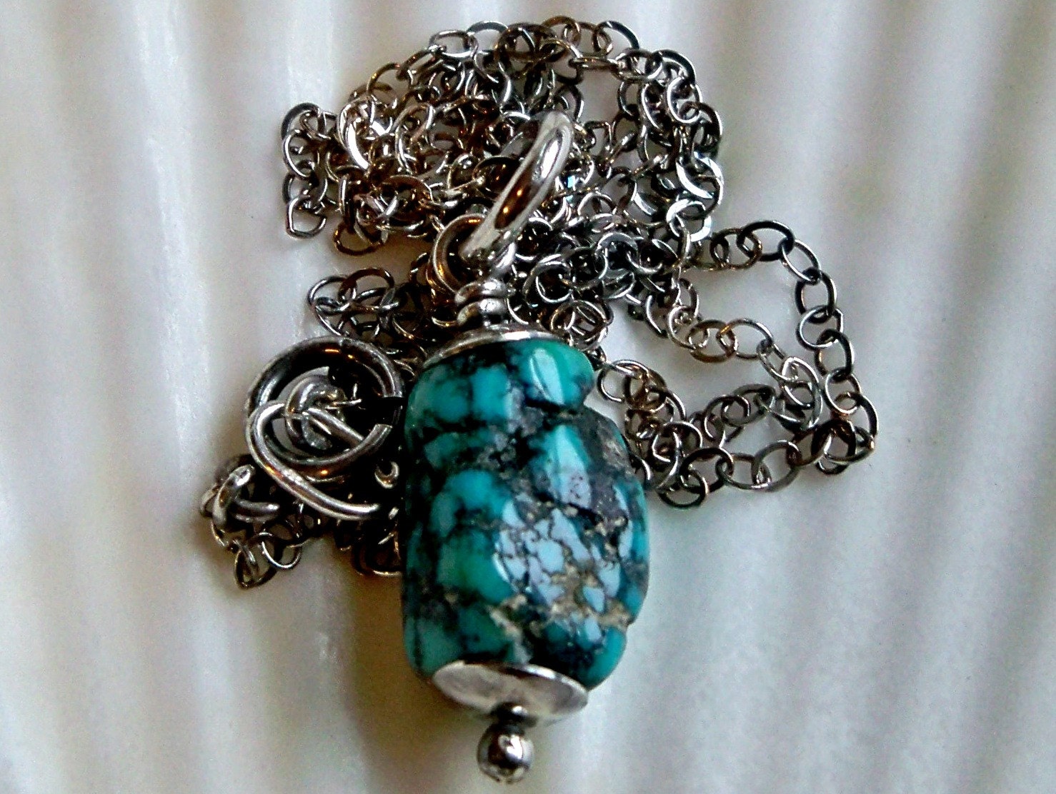 December birthstone - Blue green turquoise nugget sterling silver necklace - handmade Southwestern semiprecious gemstone jewelry