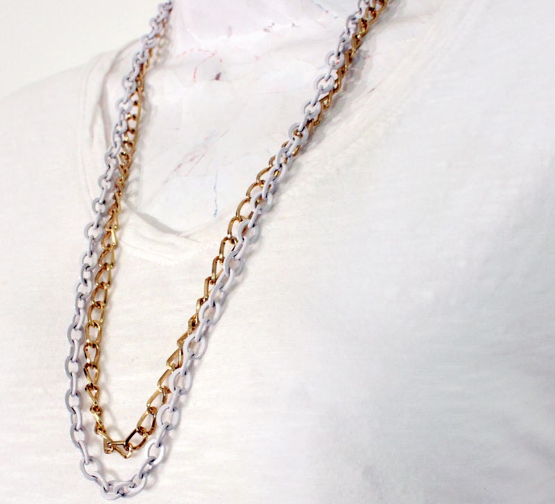 Chain Necklace, Fashion Statement Jewelry, Chunky Necklace, White and Gold Chain
