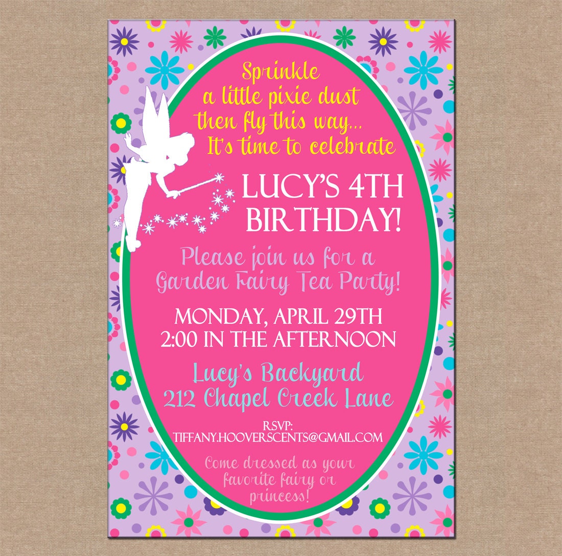 12 Personalized Printed Girl Garden Fairy Pixie Princess Flower Party Birthday Invitations with envelopes