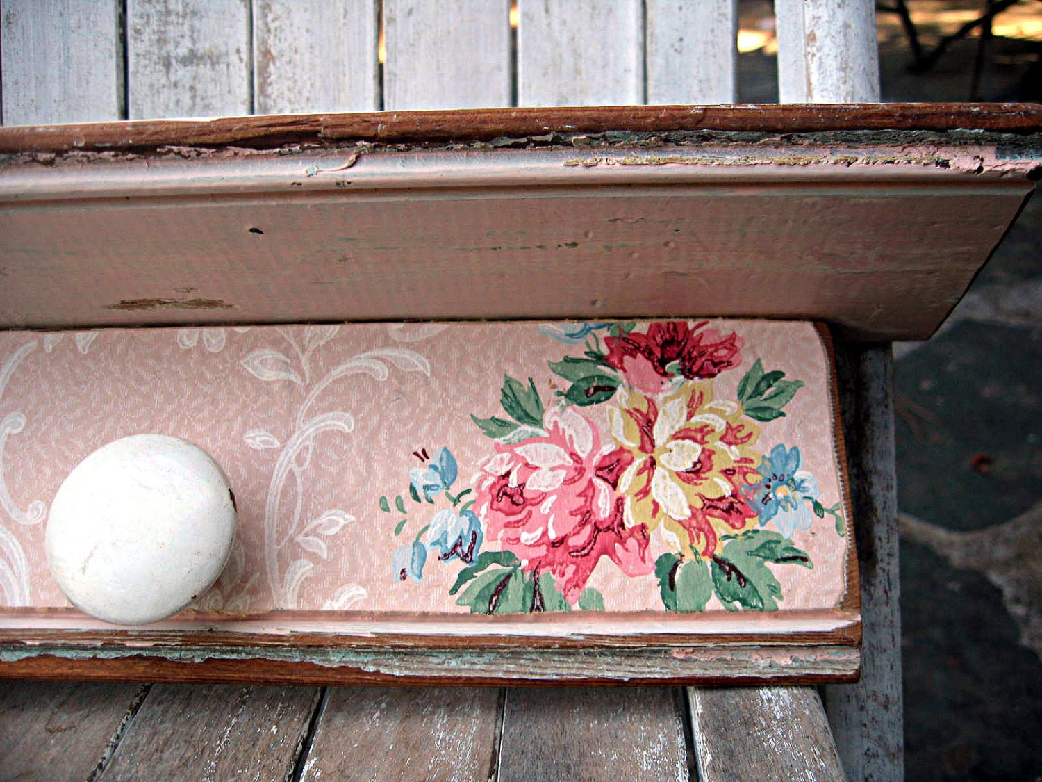 Vintage wood shelf/ledge, pale pink chippy wood with floral wallpaper, cottage style