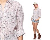 Bird Print Shirt 70s Blouse DOVE Print Disco Top White COTTON Purple 1970s Hippie Vintage Collared Button Up Long Sleeve Extra Small Medium
