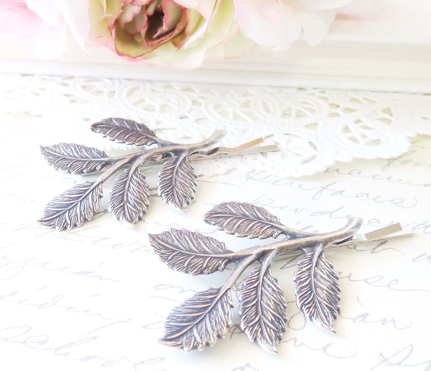 Sterling Silver Plated Leaf Branch Bobby Pin Set - Woodland Collection - Whimsical - Nature - Bridal