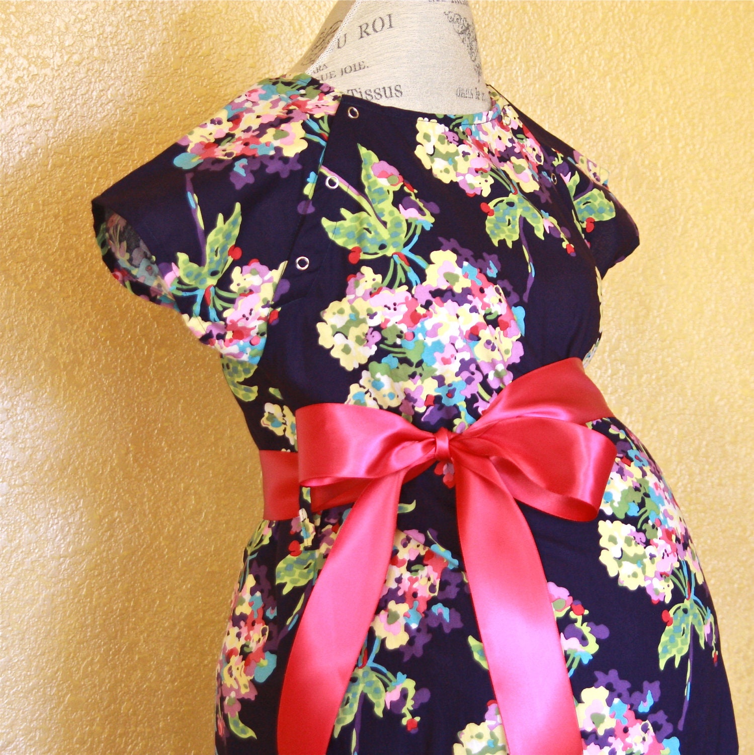 Maternity Delivery Hospital Gown in Beautiful Blue Floral - Ready to ship - Your choice of sash