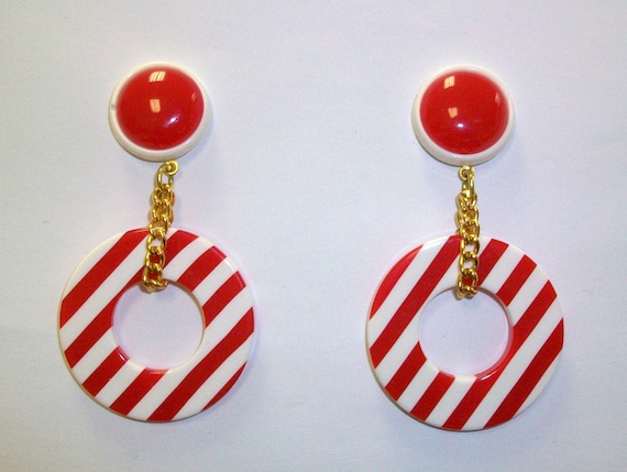 Vintage Red and White Plastic Mod Nautical Hoop Earrings DEADSTOCK