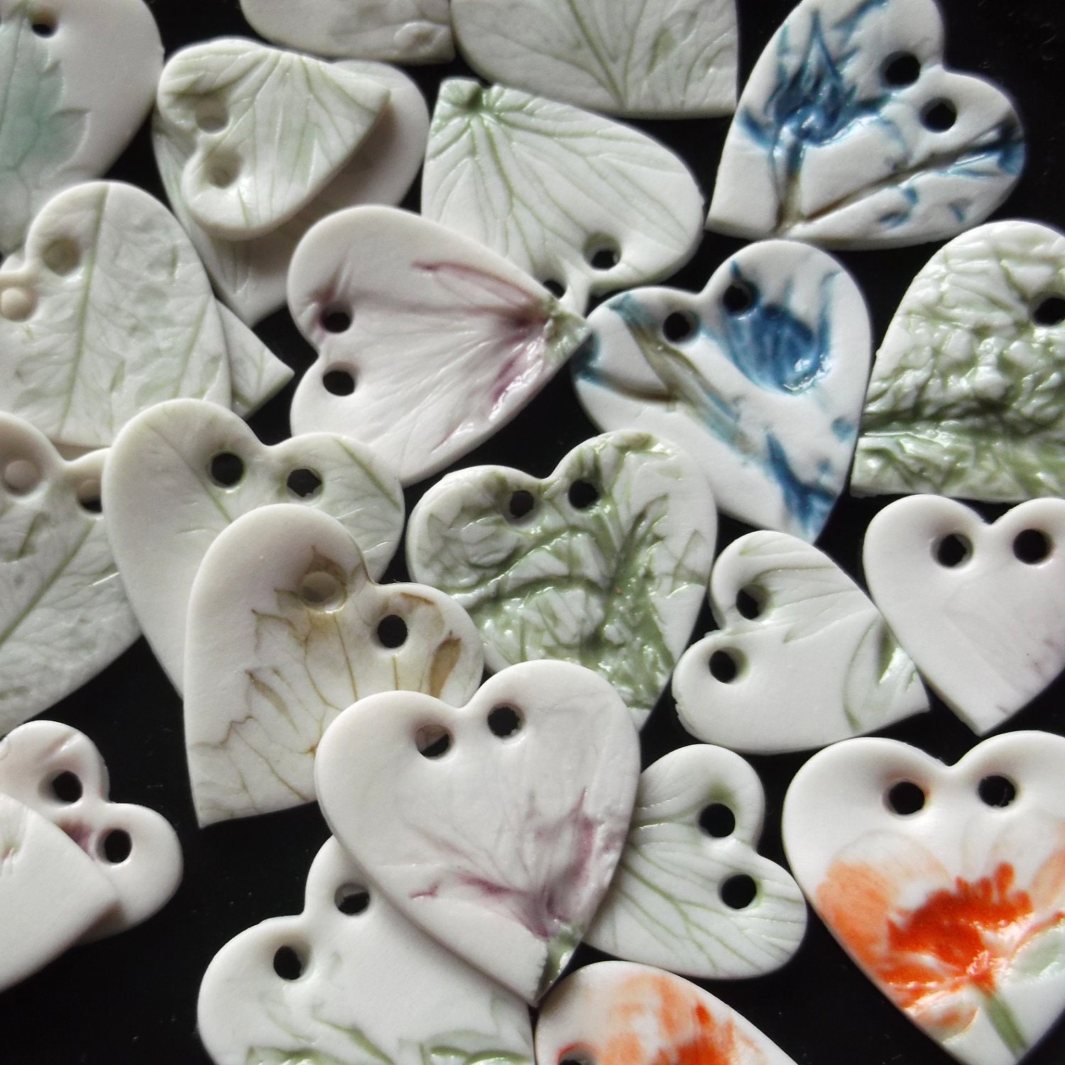 Handmade Porcelain Heart Buttons Pressed with Flowers and Leaves - Set of 5
