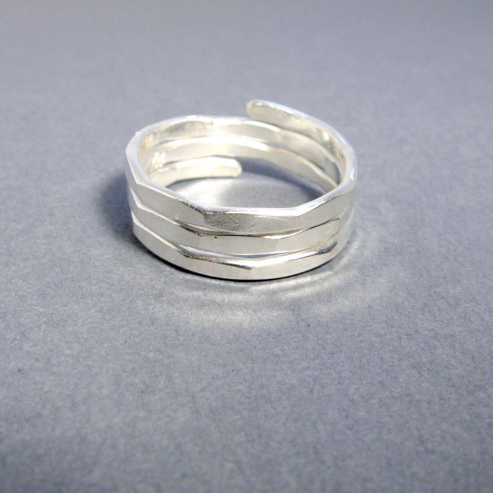 Coiled silver wrap ring, comfort ring for regular or mid-finger wear, hammered stacking ring
