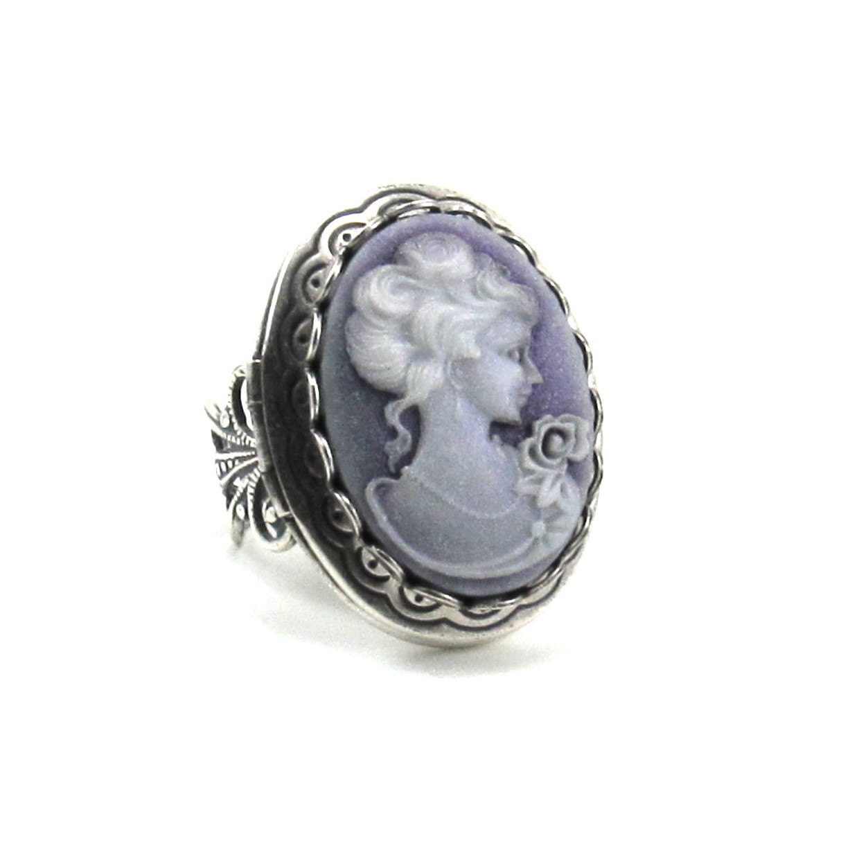 GORGEOUS Neo Victorian Cameo Locket Ring in Shimmering Amethyst Purple and Sterling Silver Plated Band - By GhostLove