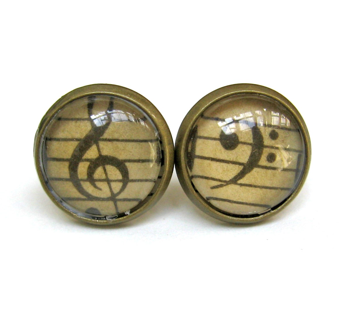 Vintage Sheet Music Earrings Treble and Bass Clef Tiny Brass Post Studs