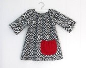 Winter Shift Tunic / Black n White Navajo / Red Pocket / 3/4 Sleeve / 6 months,12 months, 2t, 3t, 4t, 5t, 6y by PerryFinalia
