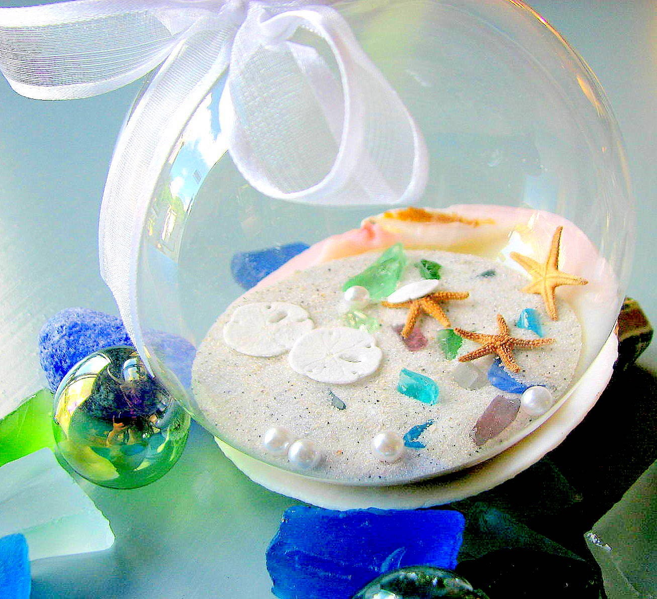 Beach Decor Seashell Christmas Ornament - Nautical Decor Sea Glass & Shell Ornament Ball