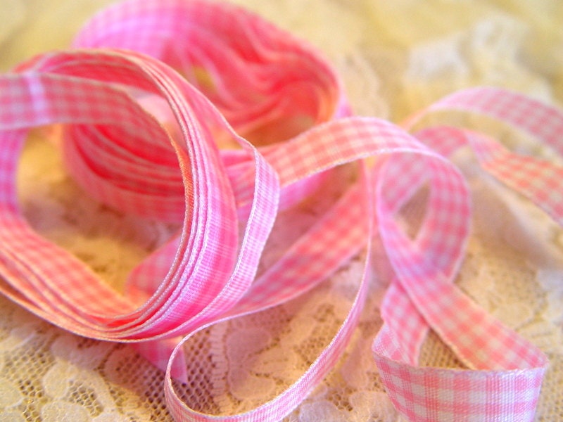 Pink Gingham Ribbon, 5 yards, 3/8 inch craft scrapbooking card making supplies trim baby girl