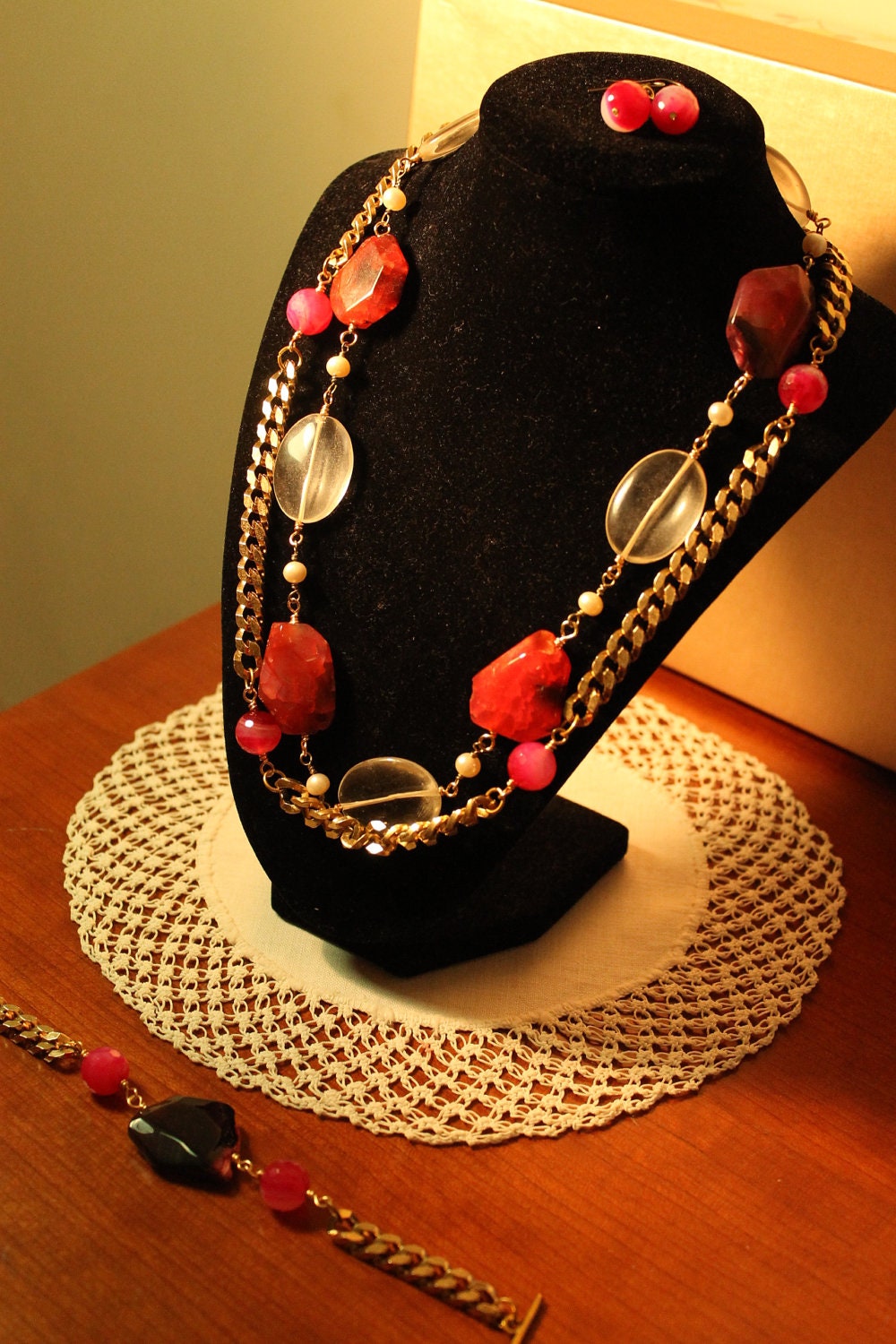 Hot Pink Agate and Quartz necklace set
