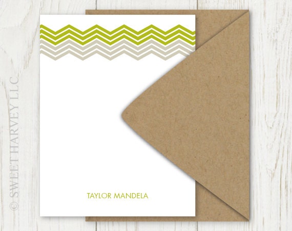 Chevron Custom Stationery - Personalized Stationery,  Zig Zag Pattern - Chartreuse Green, Grey, Fathers Day - Choose Your Color (Set of 10)