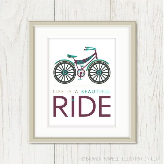 Bicycle Art - Bicycle Print - Retro Bicycle: Life Is A Beautiful Ride - Tan, Taupe, Beige, Khaki, Purple, Aqua Blue, 8 x 10 Poster