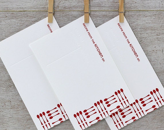 RECIPE CARD Set Letterpress - 10pack Modern Flatware Spoon - Ruby Red, Garnet, Crimson Red (RFL2)
