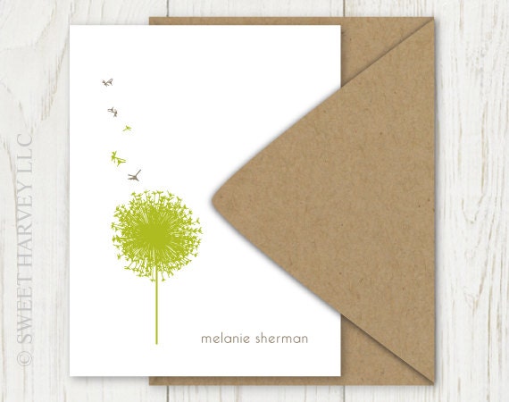 Dandelion Personalized Stationary - Custom Flat Note Card Set - Chartreuse Green, Spring Flower, Choose Your Color (Set of 10)
