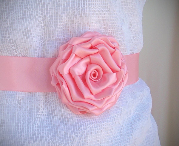 Bridal Sash Belt, Pink, Wedding Brooch, Ribbon Rose, custom, colors available