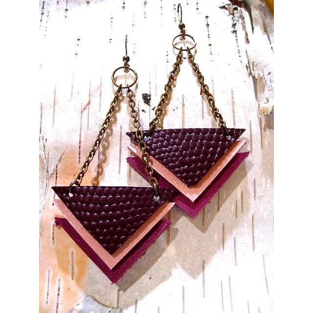 Leather Chevron Earring in Textured Maroon Pink and Fuchsia with Antique Brass Chain
