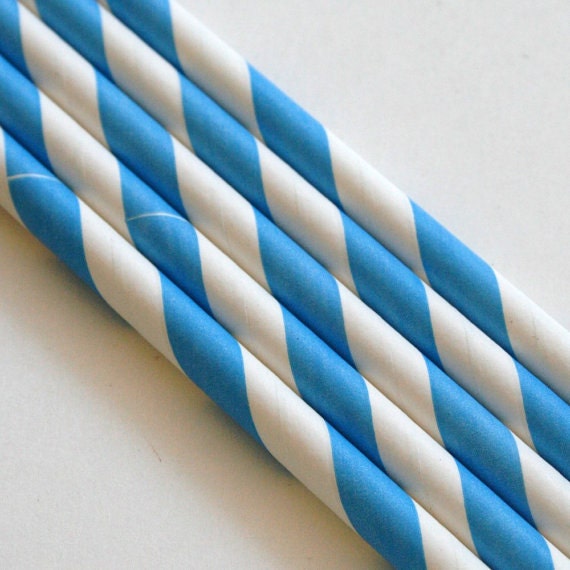 15 Bright Blue - Turquoise - Stripe Paper Straws in Clear Plastic Case - Free Editable DIY Tags PDF