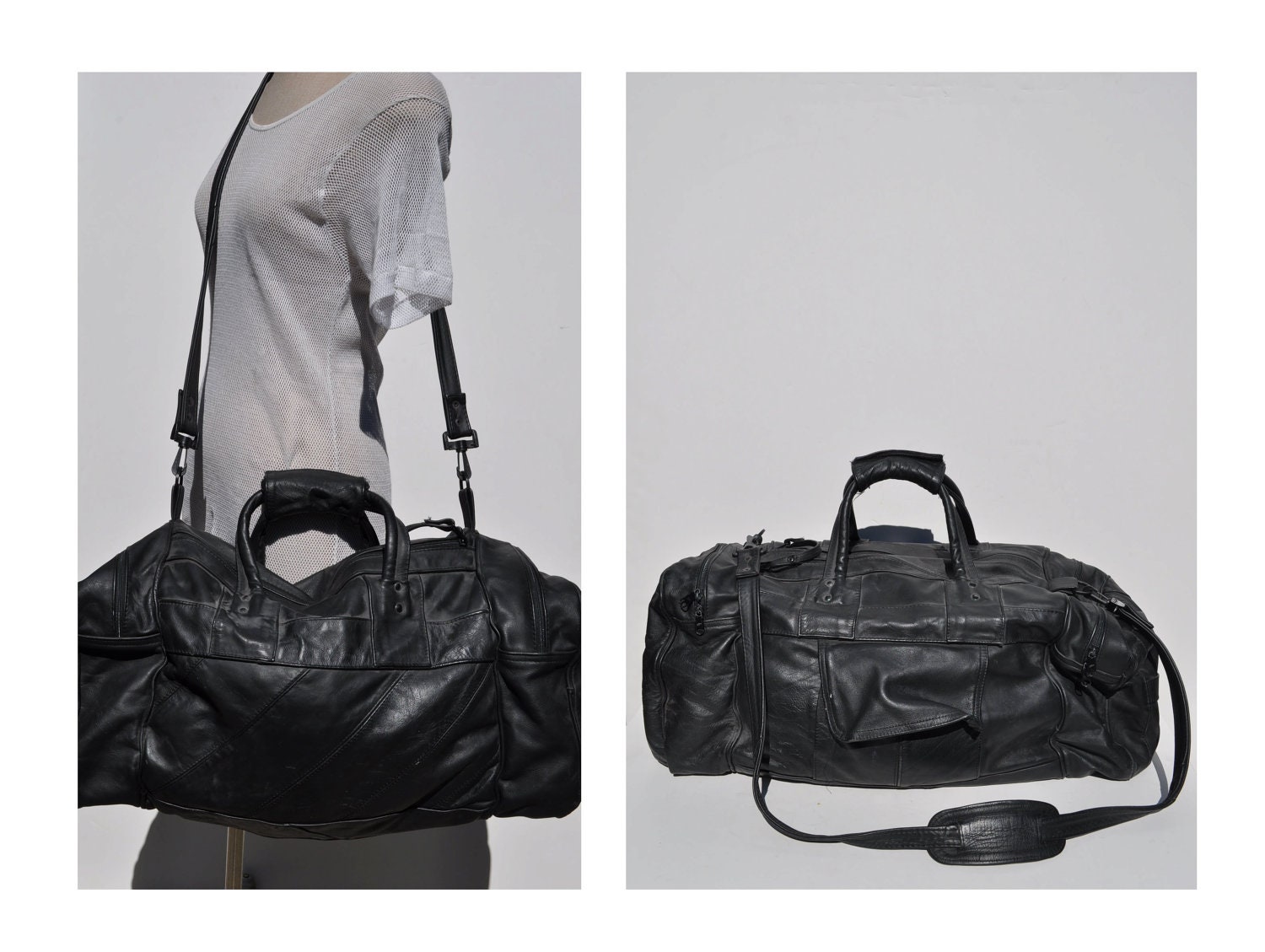 vintage leather CARRY-ON tote shoulder luggage bag overnight duffle duffel LARGE