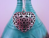 Silver heart best friend necklaces. Set of two large silver heart friendship jewelry. Triple chain. Filigree charm. Perfect gift.