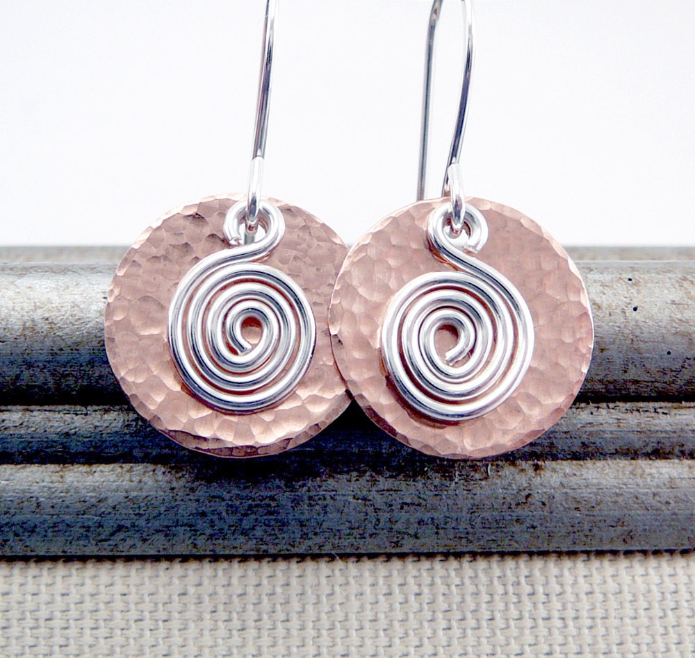 Mixed Metal Earrings - Silver and Copper - Hammered Discs