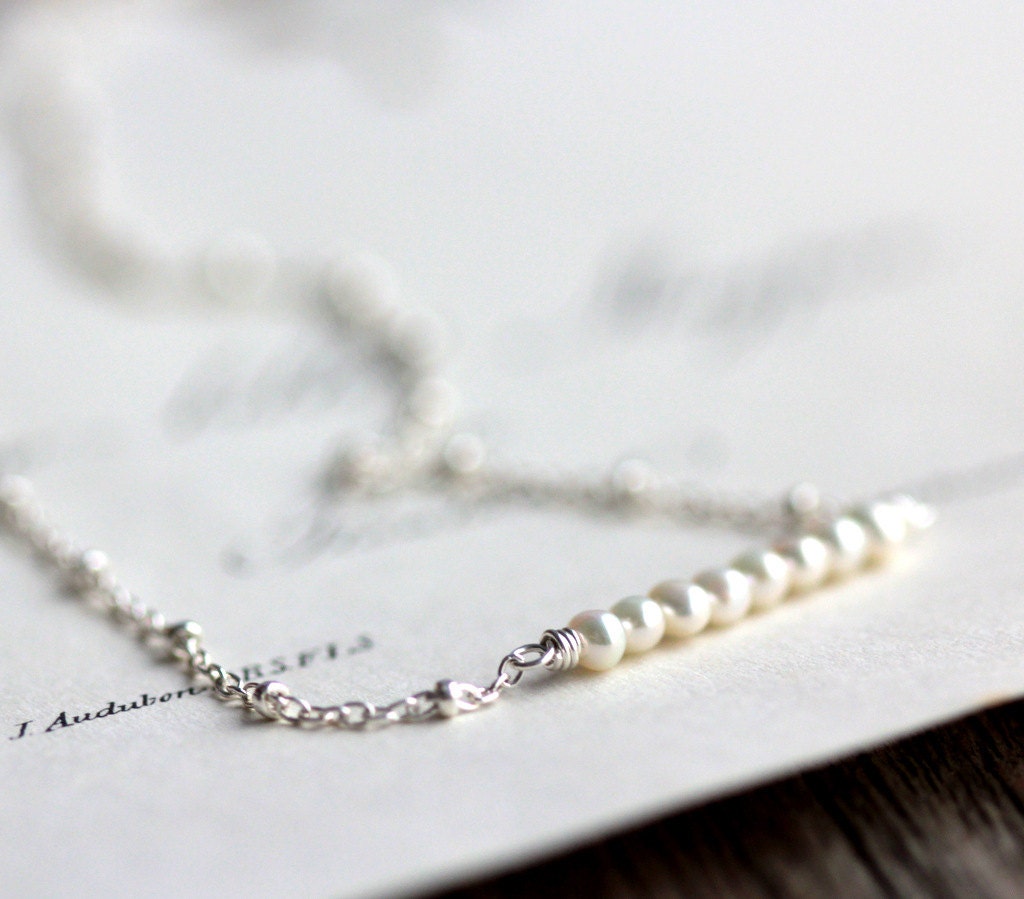 Pearl Necklace Small Freshwater Pearls on Beaded Sterling Silver Chain - Delicato - Bridal Wedding Fashion - JarosDesigns