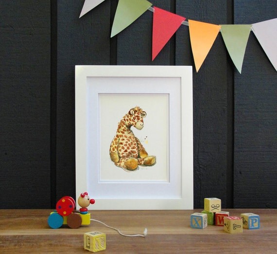 sleepy stuffed baby giraffe nursery art : print of original watercolor
