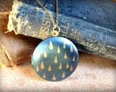 Vintage Locket Necklace - Raindrops - Blue and Silver - Metallic Necklace - Mod Vintage Illustration - Cloud Rain Cute Whimsical