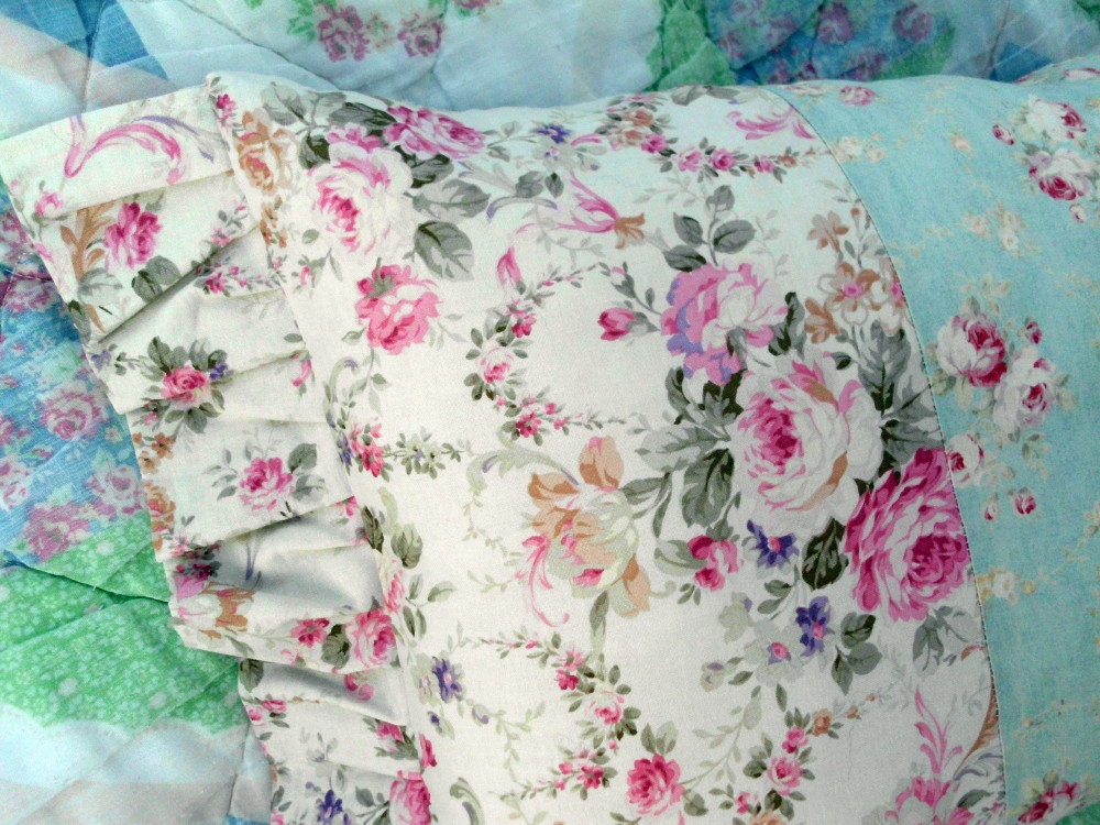 Shabby Chic Brocante Pillow in Blues and Pinks Roses abound