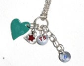 valentines personalised charm necklace with hearts and initial, fine silver and enamel