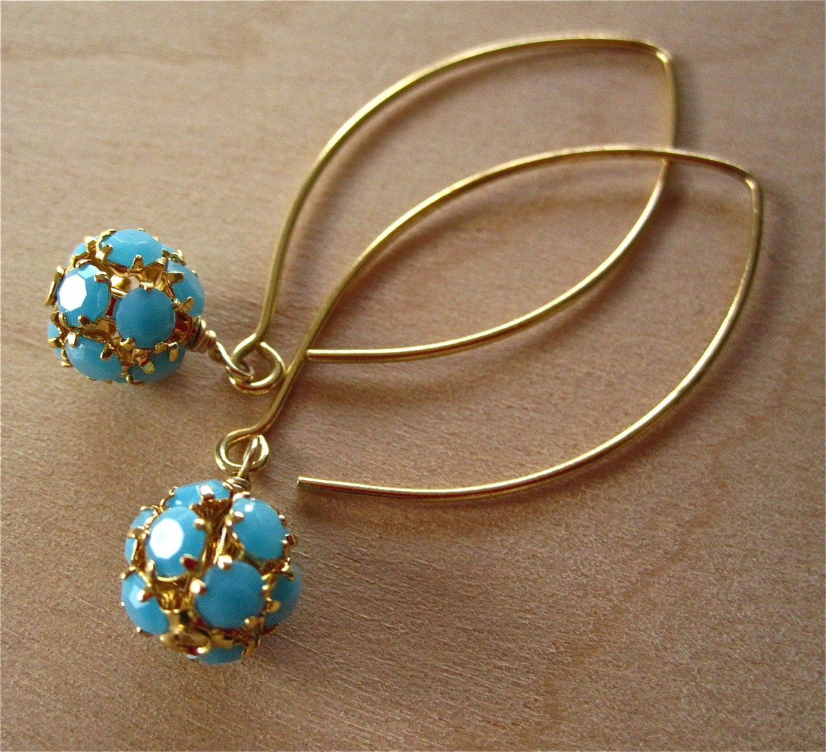 Long Marquise Ear Wires with Turquoise Ball Dangles Handmade