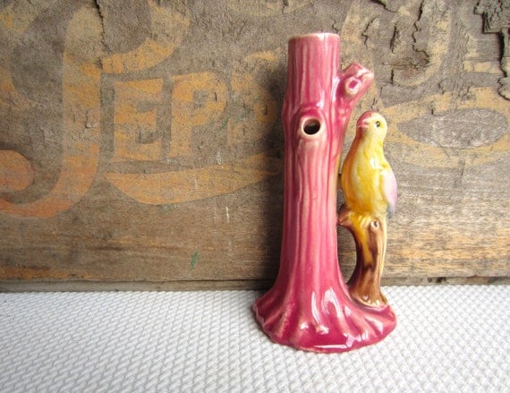Vintage Golden Bird on Tree Ceramic Bud Vase