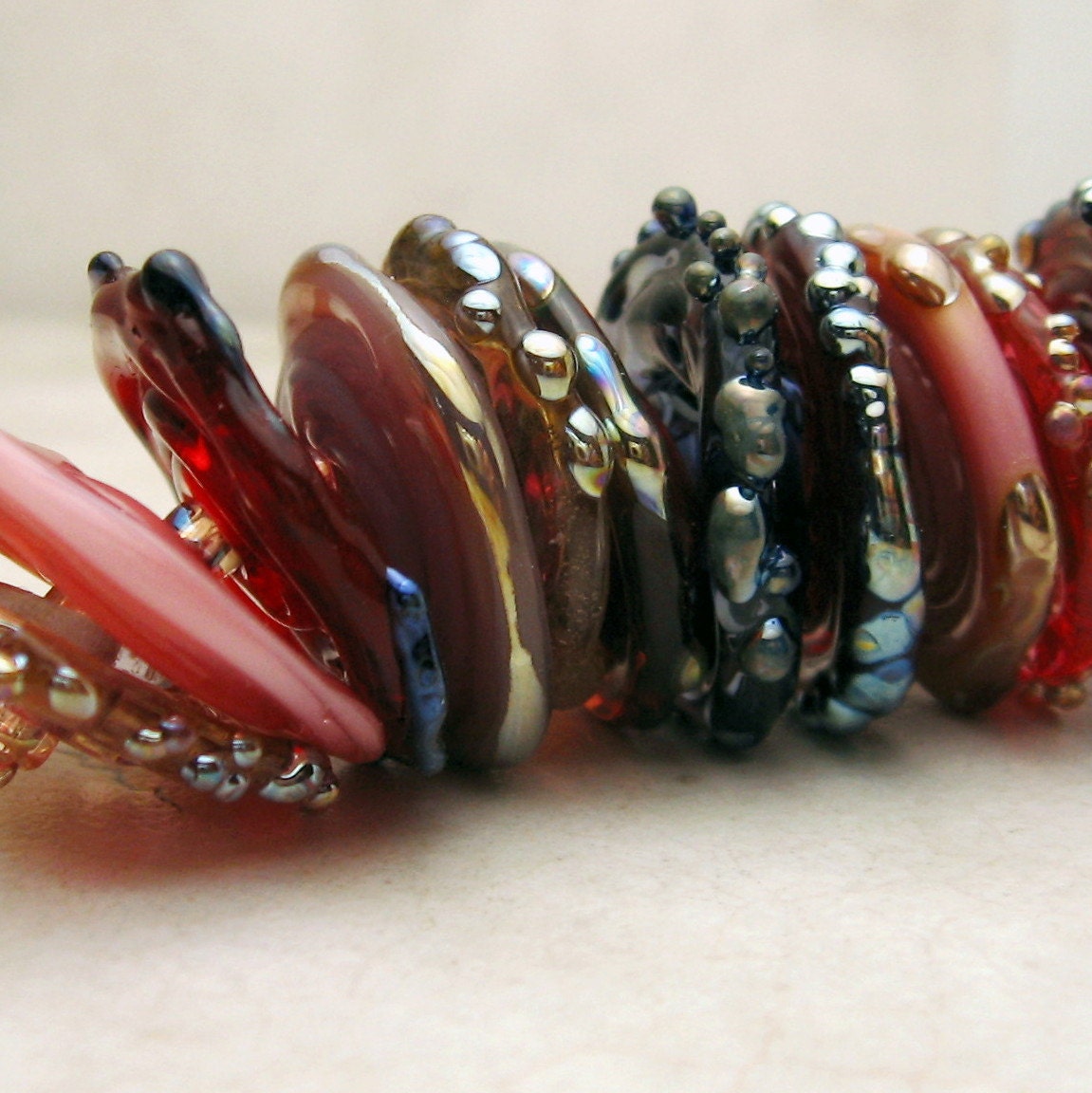 Handmade Lampwork Glass Bead Set Rustic Disks Pink, Cranberry, Red, Purple, Lavender Iridescent 'Autumn Berries'
