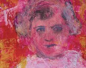 Original Painting canvas 2x2 yellow red gray pink orange, abstract face of girl, modern wall art