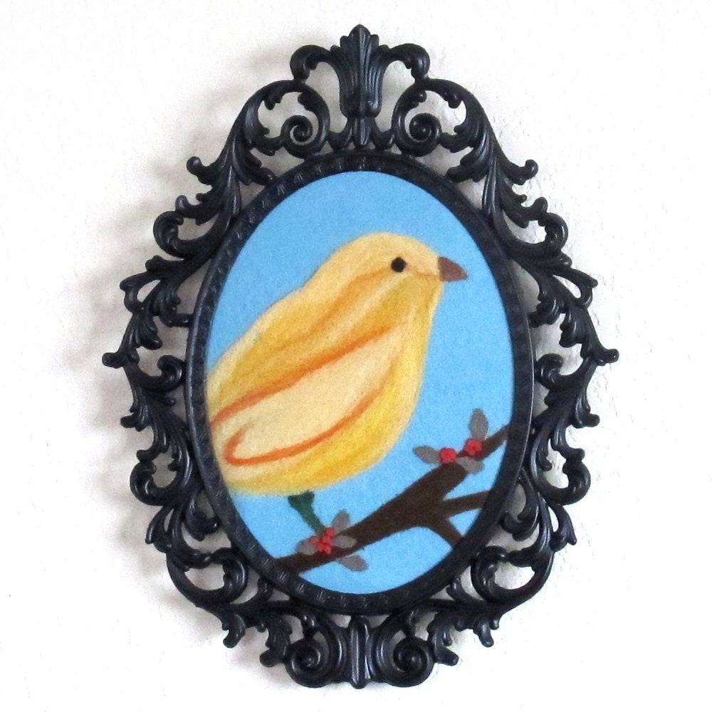Wool Bird Art: Lemon Drop Bird Folk Art in Vintage Frame