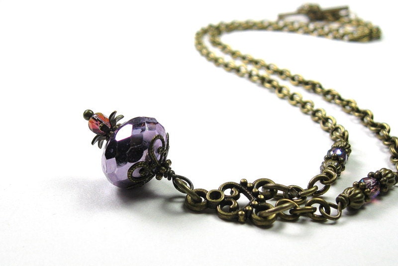 Vintage Style Necklace, Rhapsody, Violet, Czech Glass, Purple, Amethyst, Victorian Style, Romantic Jewelry, Gifts for Her, Antiqued Brass