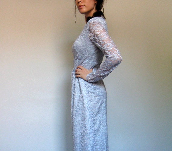 Vintage Lace Maxi Dress Silver Blue Long Sleeve Wedding Formal Party - Medium M