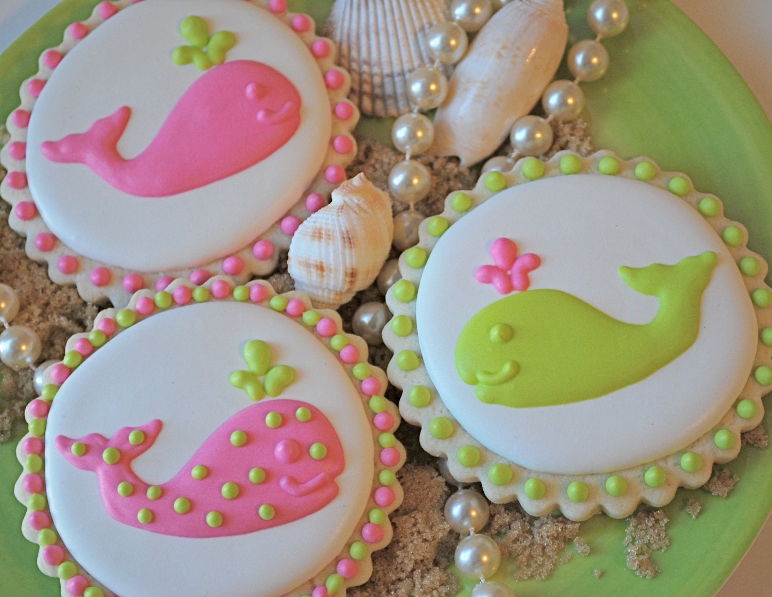 Preppy Pink & Green Whales Decorated Sugar Cookies (12)