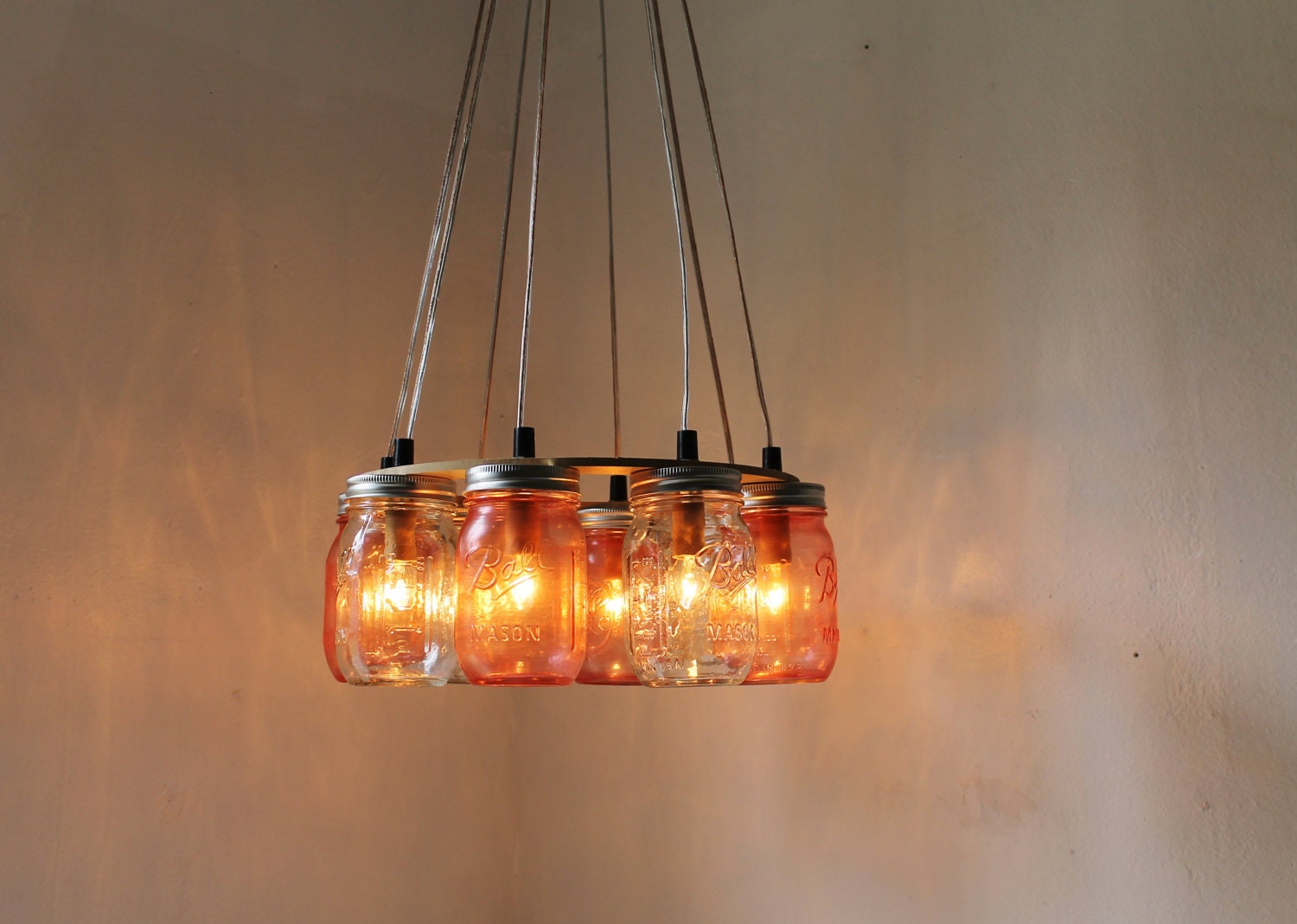 Pink Party Mason Jar Chandelier - Upcycled Hanging Mason Jar Lighting Fixture Direct Hardwire - BootsNGus Lamps Rustic Home Decor