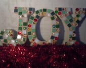 JOY - Mosaic Letters In Green, Red & Gold - Easy To Hang  OOAK