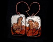 Classic Copper  Bay Horse Earrings with Copper Wires. Copper, White, Gold and Black. Original Ink Drawing on Polymer Clay. 3123