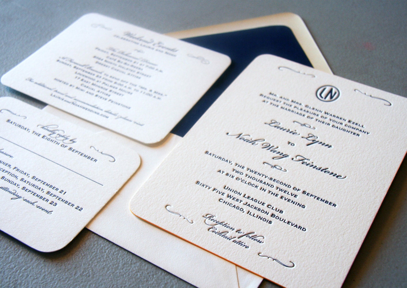 Custom Letterpress Wedding Invitations - Classic Navy