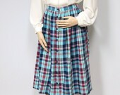 Vintage Cotton Skirt / Plaid / Madras / Full Skirt / Prairie / Size 14 / Turquoise