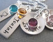 Personalized Necklace - Hand Stamped Sterling Silver Mommy Jewelry - Two Tags and Discs with Swaroovski Crystal Birthstones