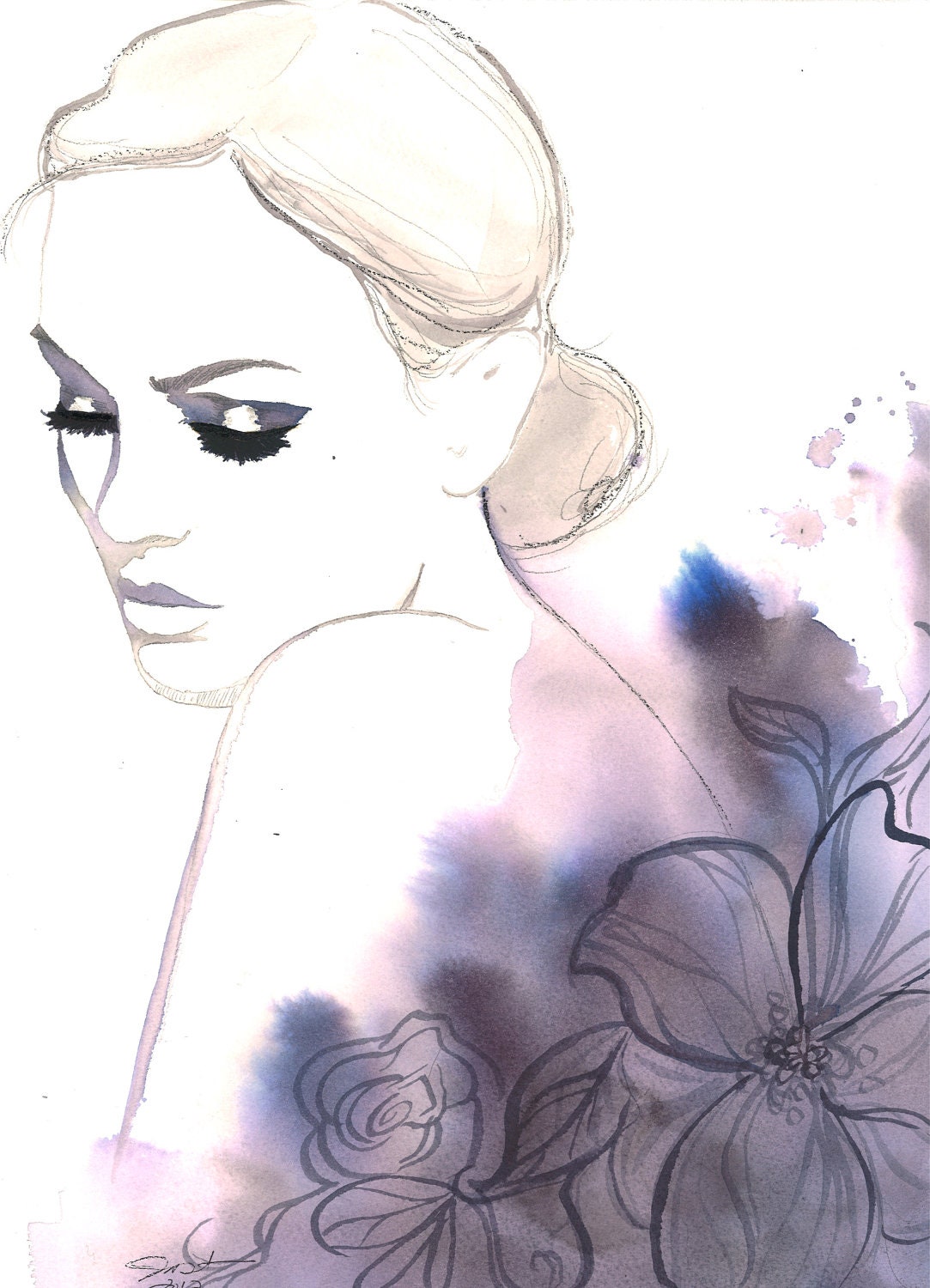 Original watercolor fashion illustration by Jessica Durrant titled, Evening Rapture