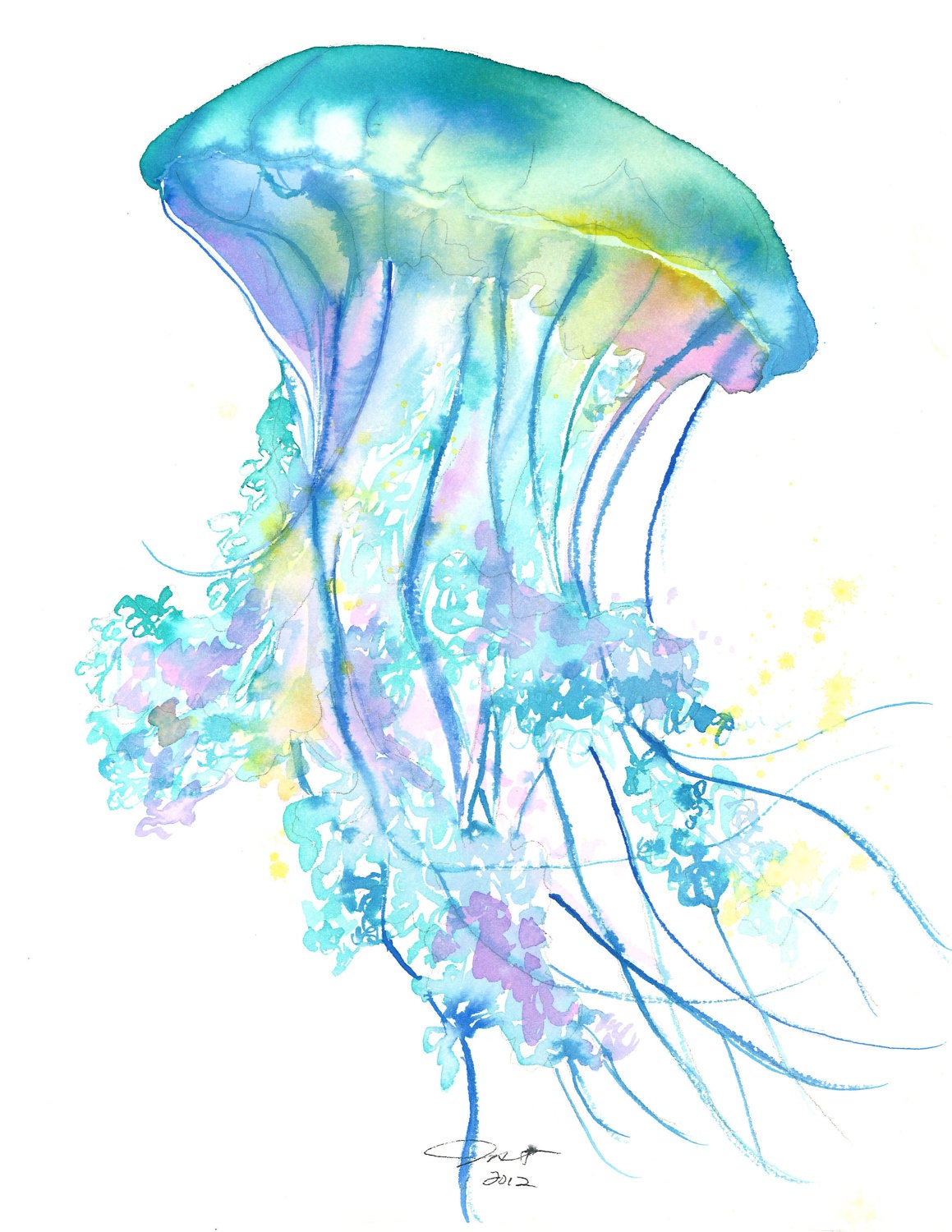 Original watercolor jellyfish study no. 4 painting by Jessica Durrant, titled- Electric Feel