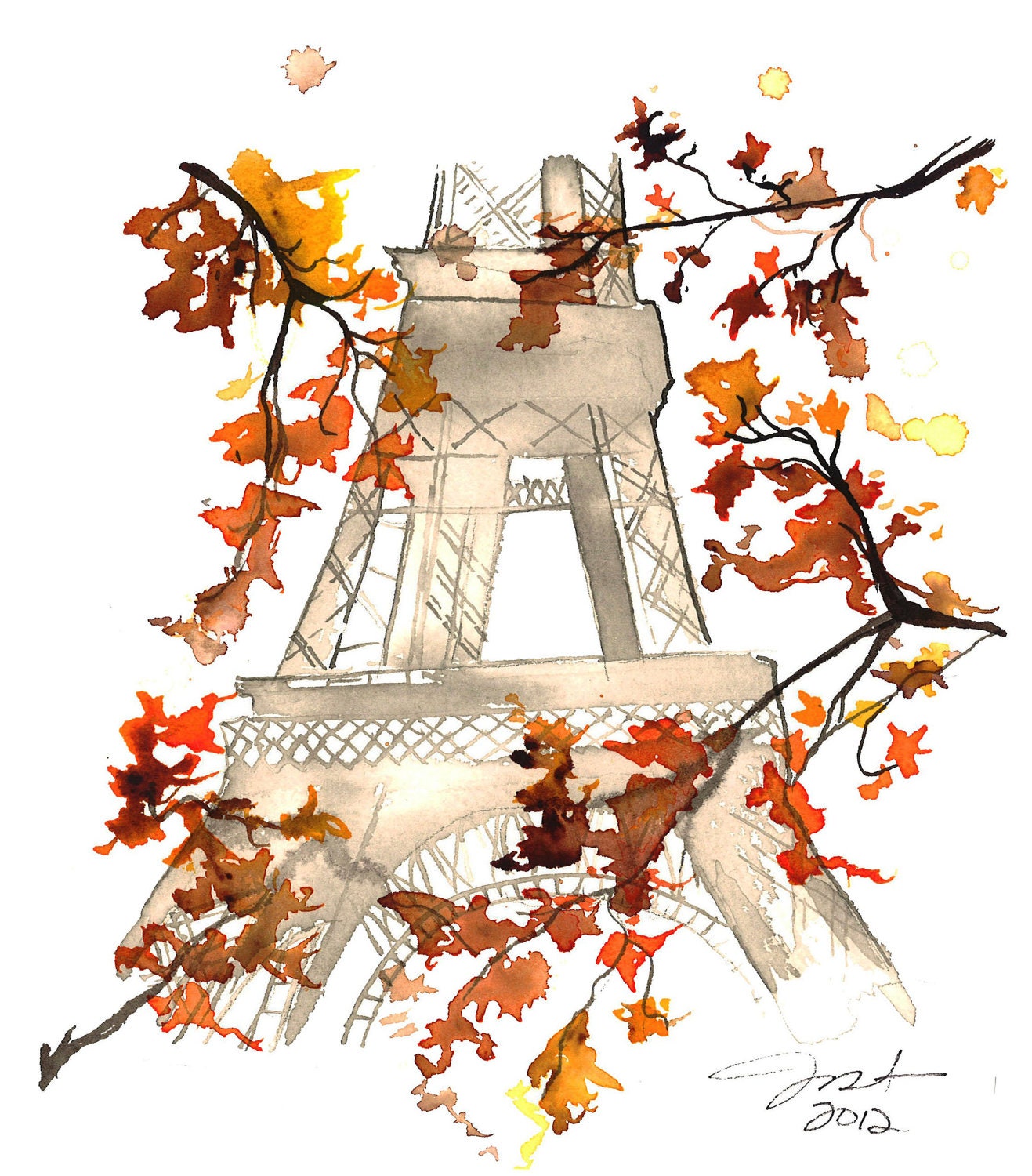 Print from original watercolor titled Paris in the Fall, by Jessica Durrant